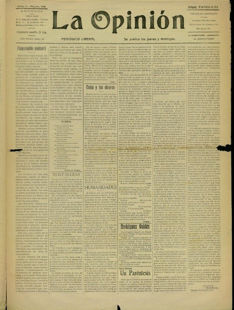 Miniatura de La Opinión: periódico liberal del 12 de febrero de 1911, nº 56