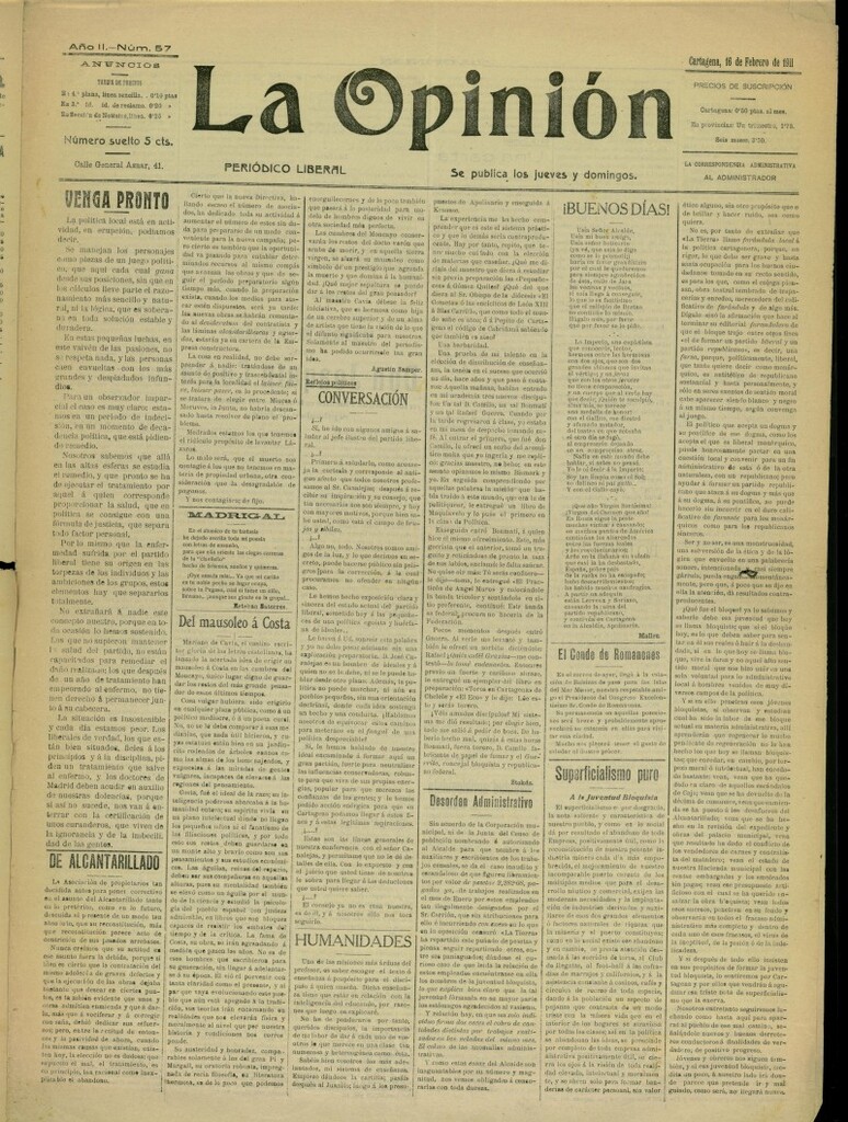 Miniatura de La Opinión: periódico liberal del 16 de febrero de 1911, nº 57