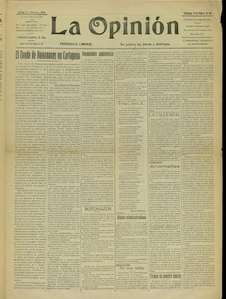 Miniatura de La Opinión: periódico liberal del 19 de febrero de 1911, nº 58