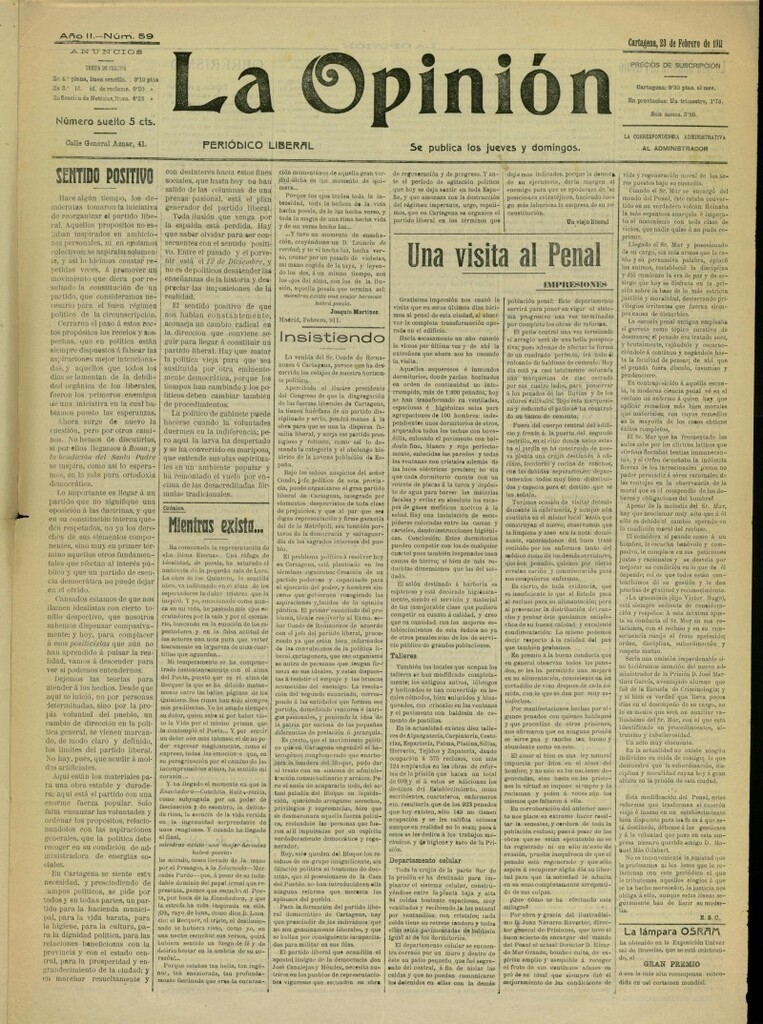 Miniatura de La Opinión: periódico liberal del 23 de febrero de 1911, nº 59