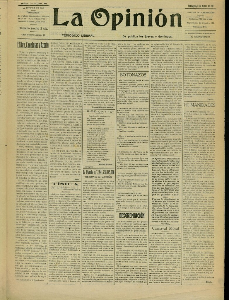 Miniatura de La Opinión: periódico liberal del 2 de marzo de 1911, nº 61