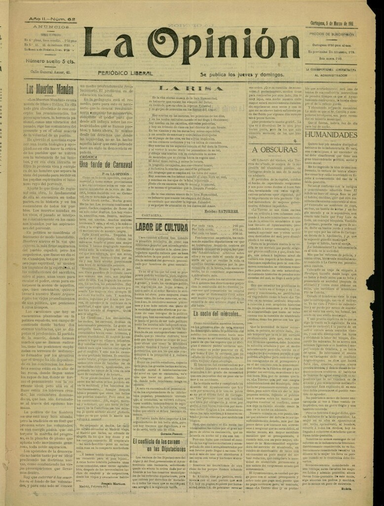 Miniatura de La Opinión: periódico liberal del 5 de marzo de 1911, nº 62