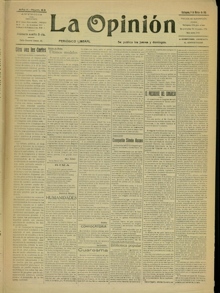 Miniatura de La Opinión: periódico liberal del 9 de marzo de 1911, nº 63