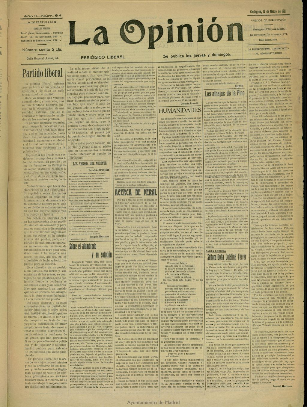 Miniatura de La Opinión: periódico liberal del 12 de marzo de 1911, nº 64