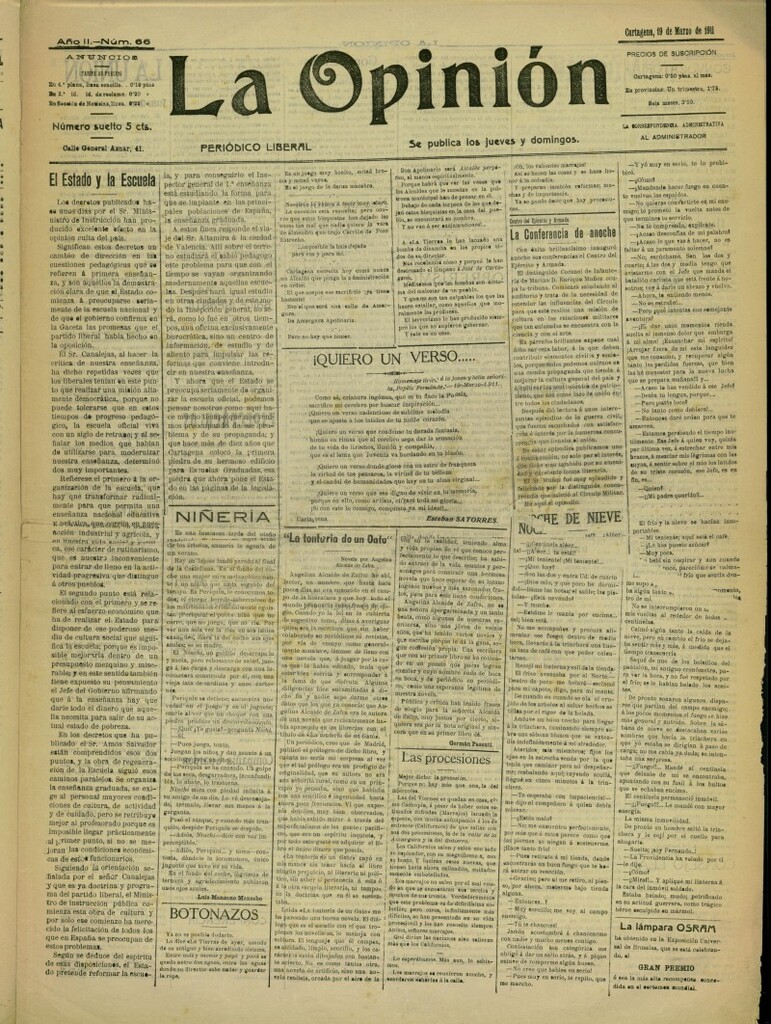 Miniatura de La Opinión: periódico liberal del 19 de marzo de 1911, nº 66