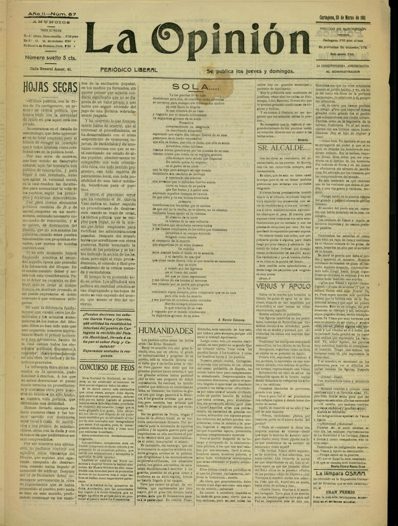 Miniatura de La Opinión: periódico liberal del 23 de marzo de 1911, nº 67
