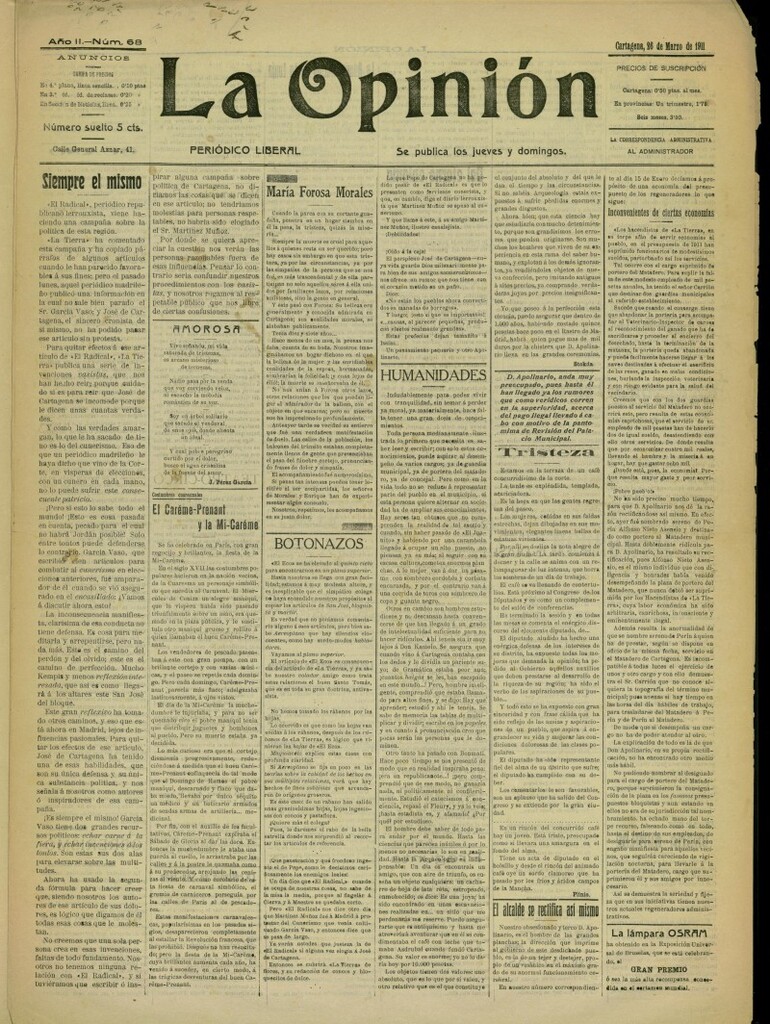 Miniatura de La Opinión: periódico liberal del 26 de marzo de 1911, nº 68