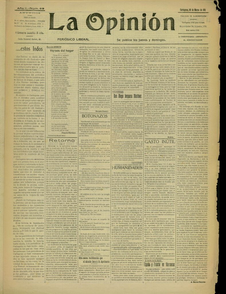 Miniatura de La Opinión: periódico liberal del 30 de marzo de 1911, nº 69