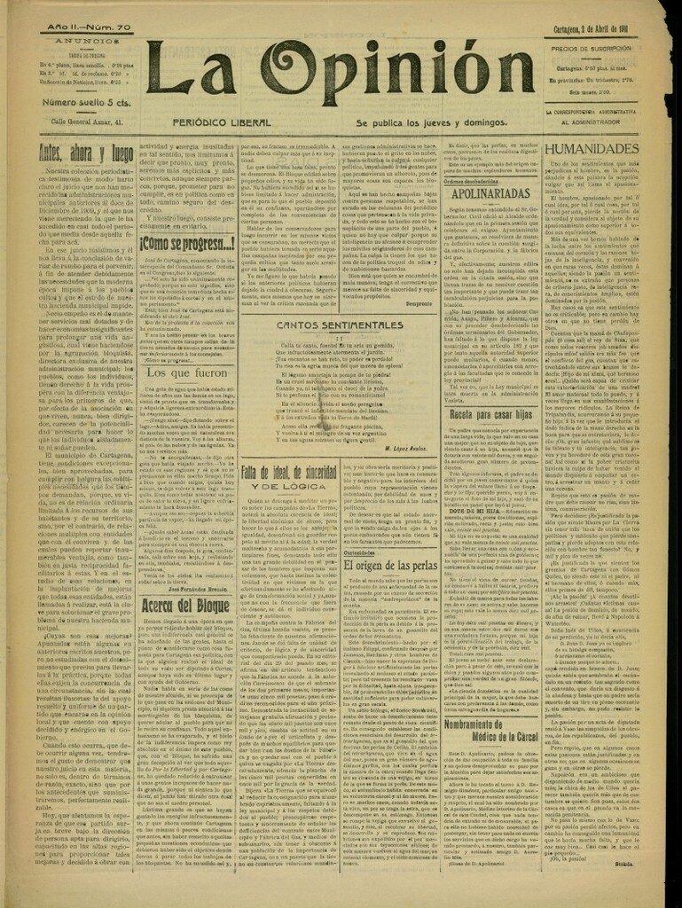 Miniatura de La Opinión: periódico liberal del 2 de abril de 1911, nº 70