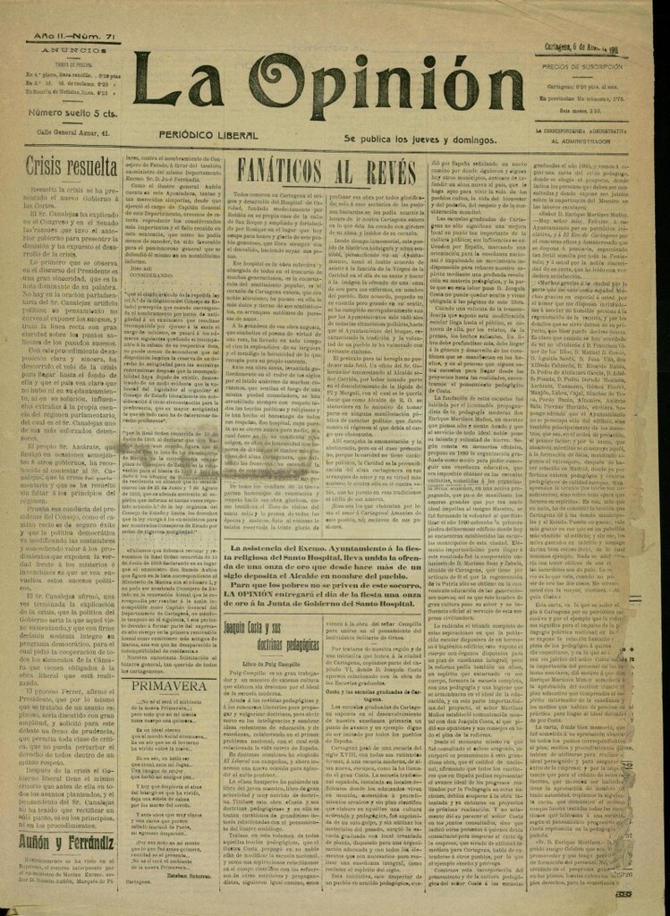 Miniatura de La Opinión: periódico liberal del 6 de abril de 1911, nº 71