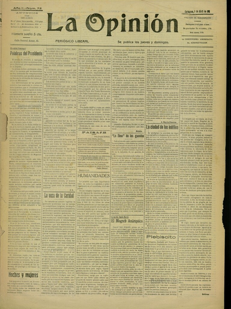 Miniatura de La Opinión: periódico liberal del 9 de abril de 1911, nº 72