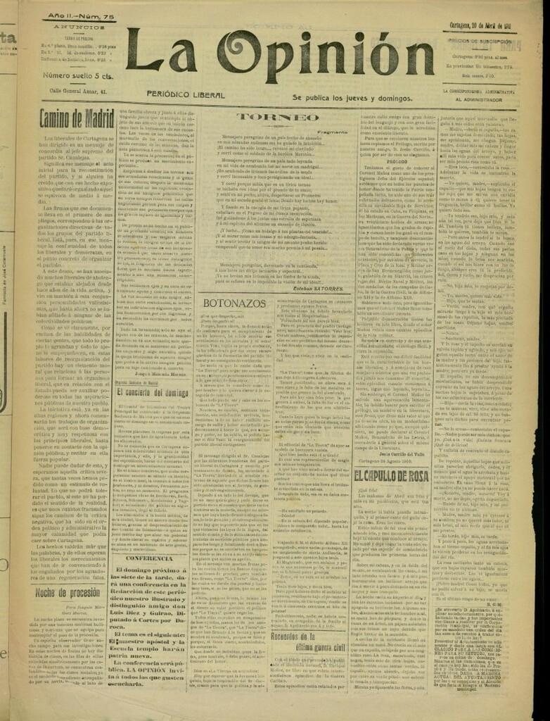 Miniatura de La Opinión: periódico liberal del 20 de abril de 1911, nº 75