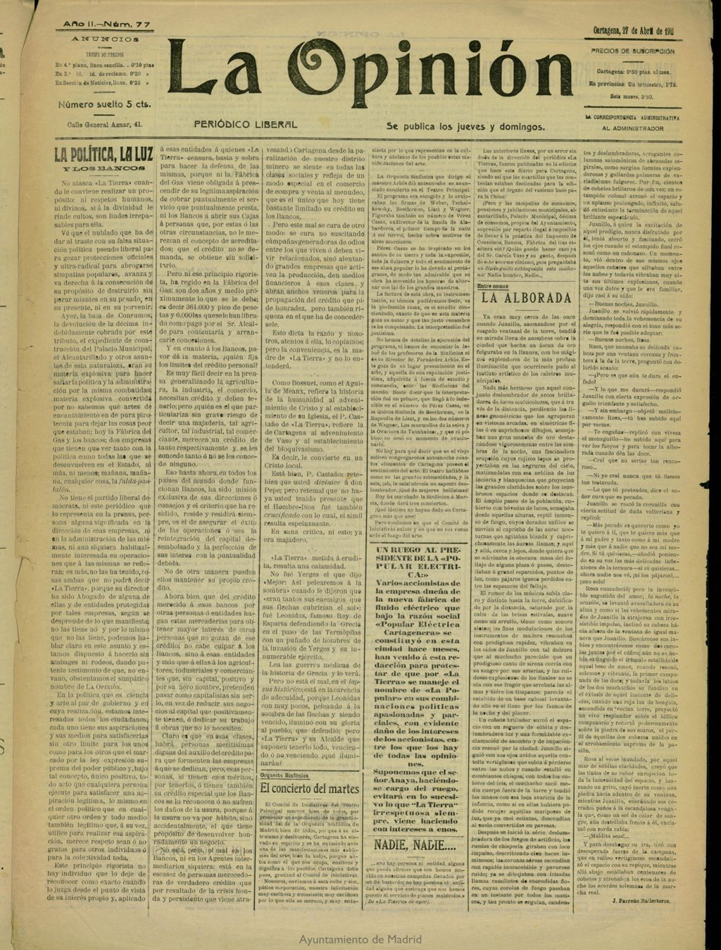 Miniatura de La Opinión: periódico liberal del 27 de abril de 1911, nº 77