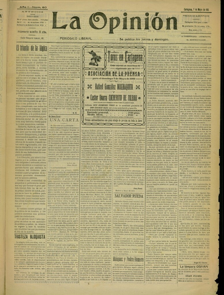 Miniatura de La Opinión: periódico liberal del 7 de mayo de 1911, nº 80