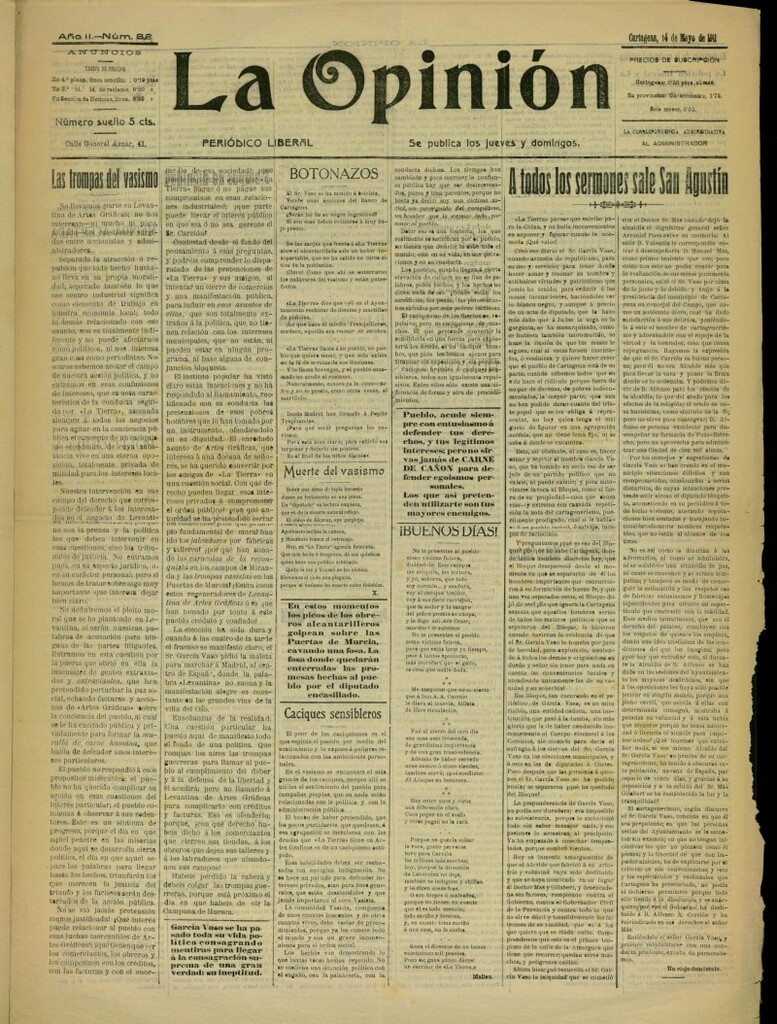 Miniatura de La Opinión: periódico liberal del 14 de mayo de 1911, nº 82