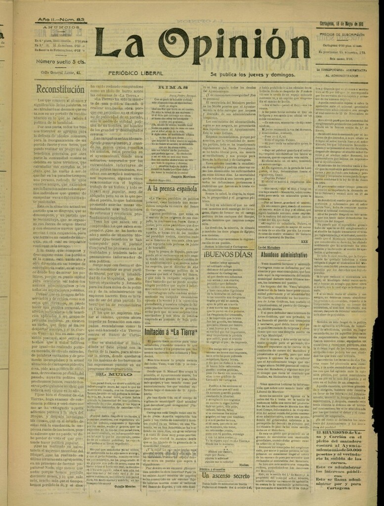 Miniatura de La Opinión: periódico liberal del 18 de mayo de 1911, nº 83