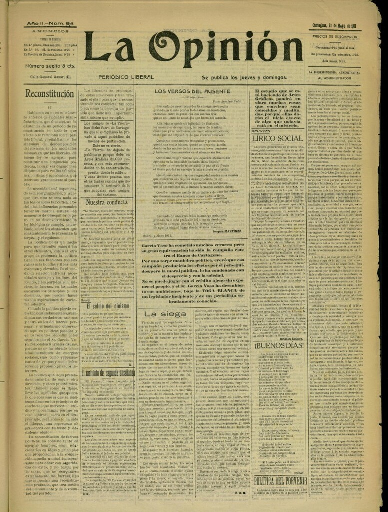 Miniatura de La Opinión: periódico liberal del 21 de mayo de 1911, nº 84