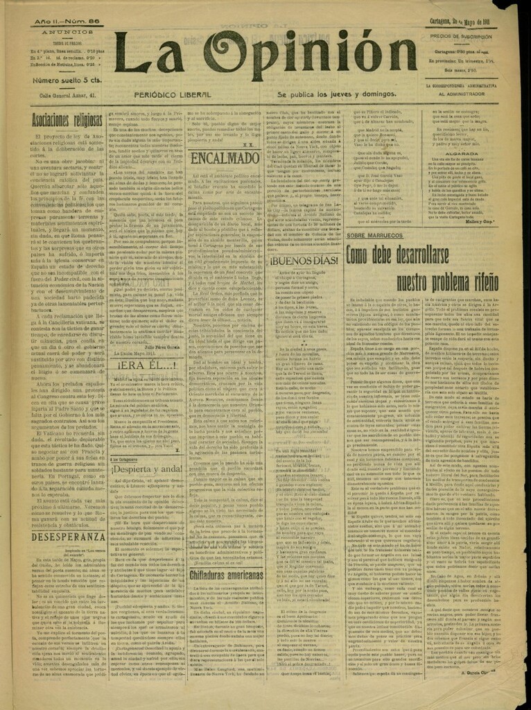 Miniatura de La Opinión: periódico liberal del 28 de mayo de 1911, nº 86