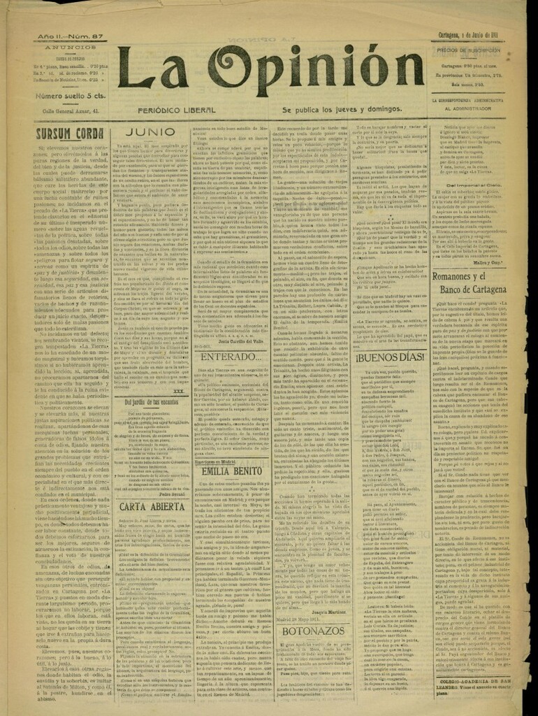 Miniatura de La Opinión: periódico liberal del 1 de junio de 1911, nº 87