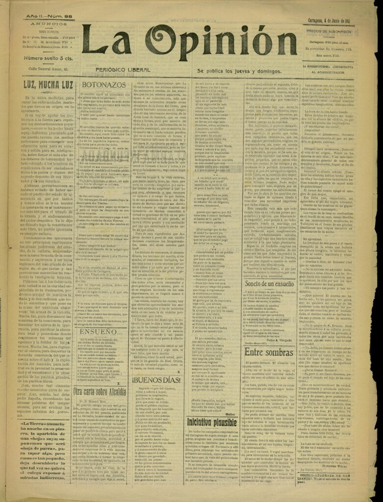 Miniatura de La Opinión: periódico liberal del 4 de junio de 1911, nº 88