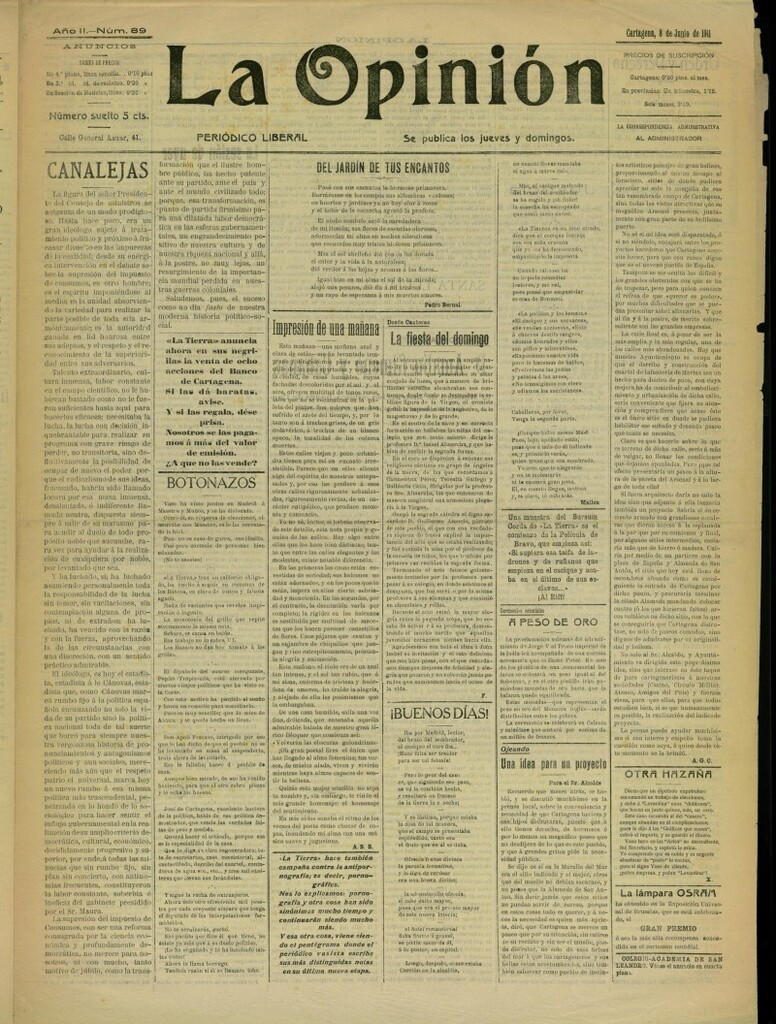 Miniatura de La Opinión: periódico liberal del 8 de junio de 1911, nº 89