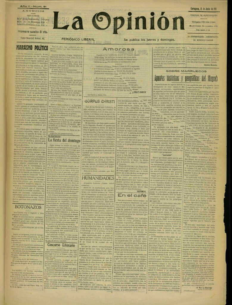 Miniatura de La Opinión: periódico liberal del 15 de junio de 1911, nº 91