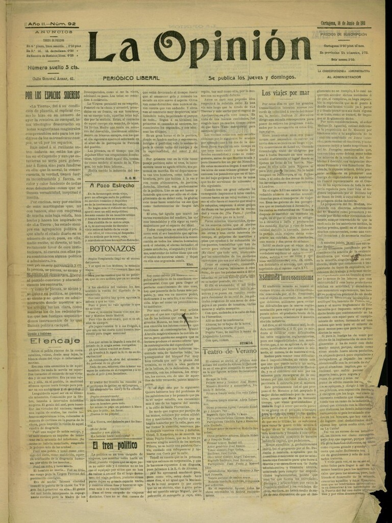 Miniatura de La Opinión: periódico liberal del 18 de junio de 1911, nº 92