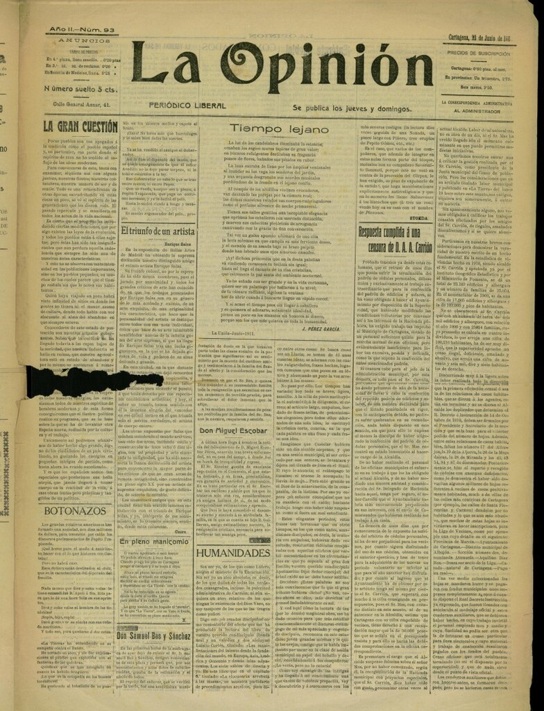 Miniatura de La Opinión: periódico liberal del 22 de junio de 1911, nº 93