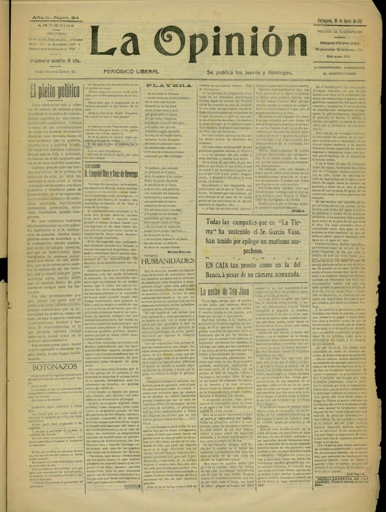 Miniatura de La Opinión: periódico liberal del 25 de junio de 1911, nº 94