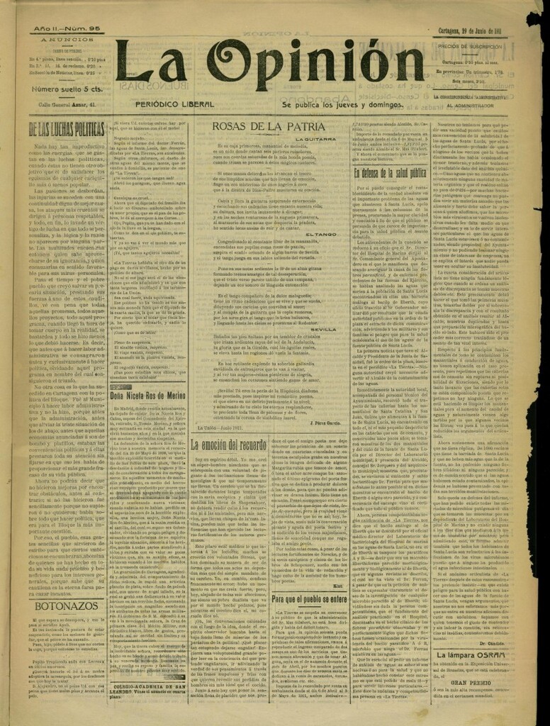 Miniatura de La Opinión: periódico liberal del 29 de junio de 1911, nº 95