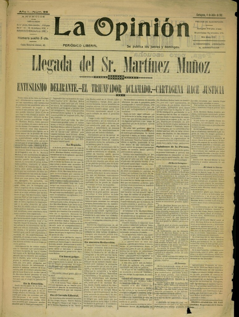 Miniatura de La Opinión: periódico liberal del 9 de julio de 1911, nº 98