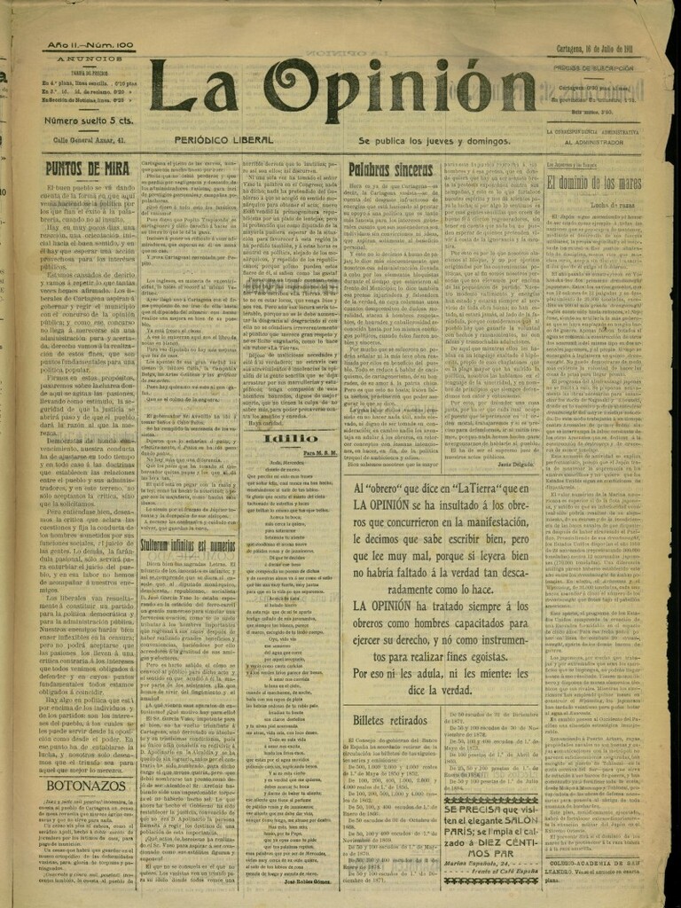 Miniatura de La Opinión: periódico liberal del 16 de julio de 1911, nº 100