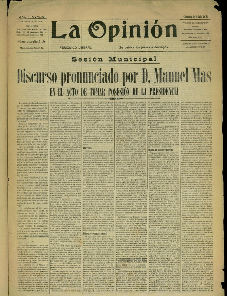 Miniatura de La Opinión: periódico liberal del 20 de julio de 1911, nº 101