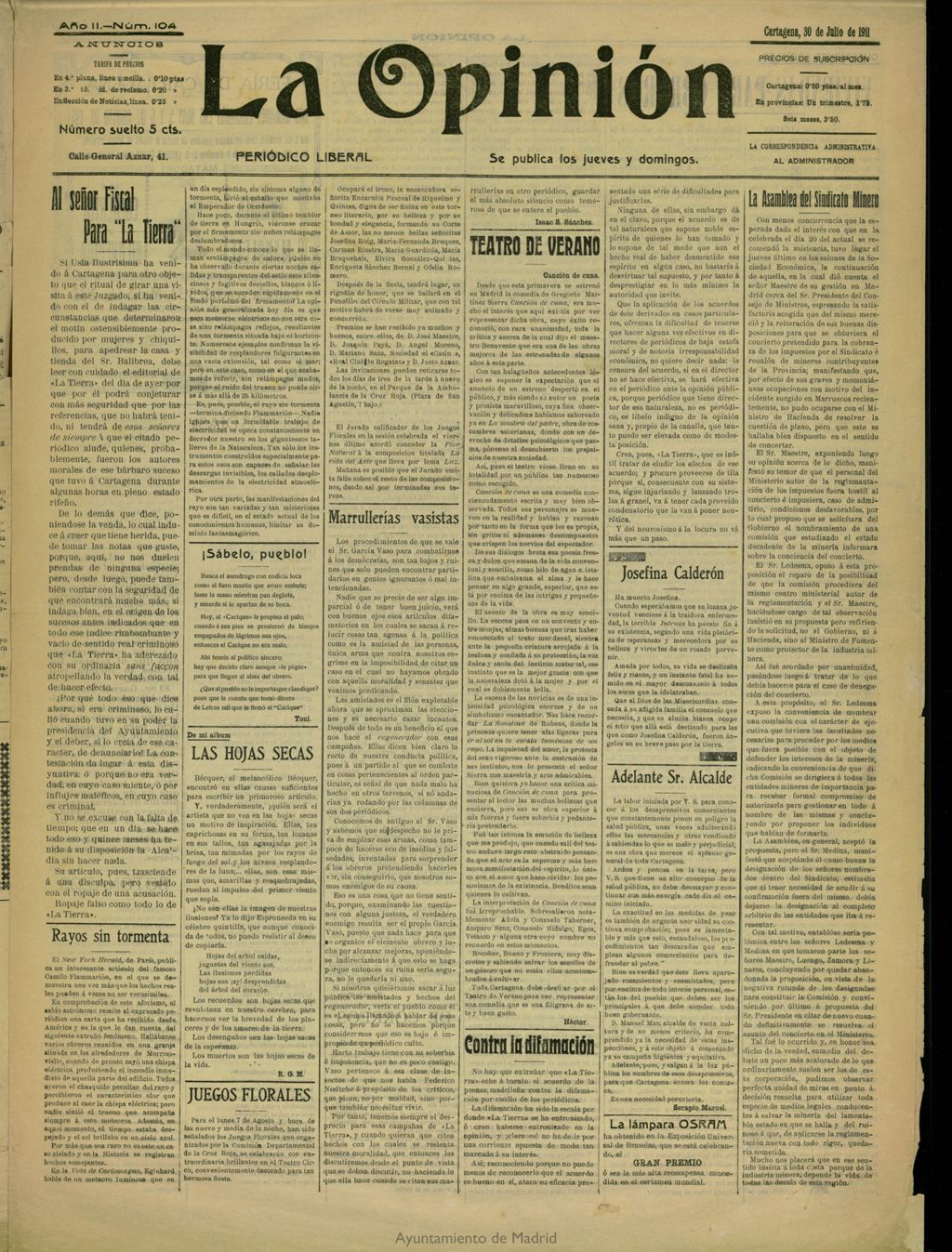 Miniatura de La Opinión: periódico liberal del 30 de julio de 1911, nº 104