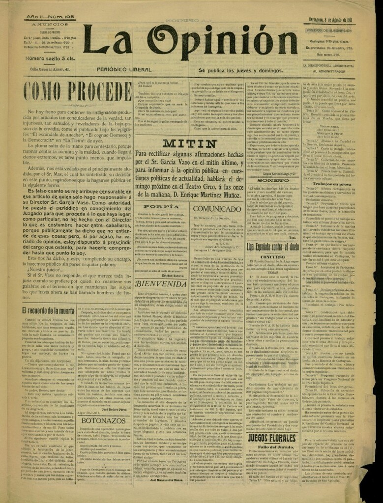 Miniatura de La Opinión: periódico liberal del 3 de agosto de 1911, nº 105