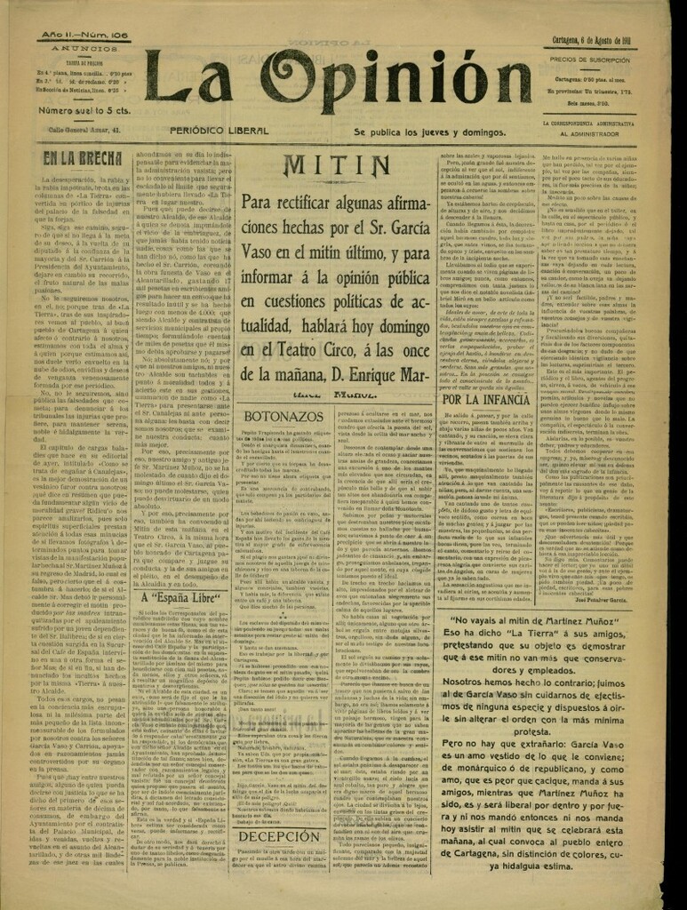 Miniatura de La Opinión: periódico liberal del 6 de agosto de 1911, nº 106