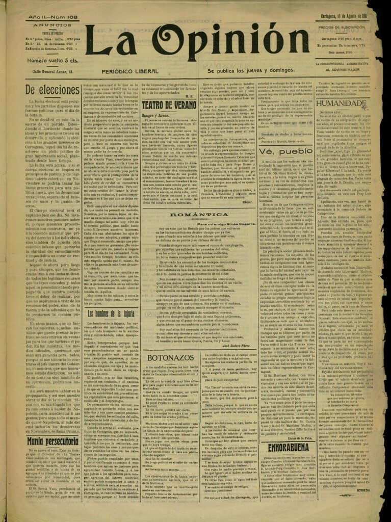 Miniatura de La Opinión: periódico liberal del 13 de agosto de 1911, nº 108