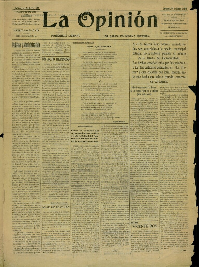 Miniatura de La Opinión: periódico liberal del 20 de agosto de 1911, nº 110
