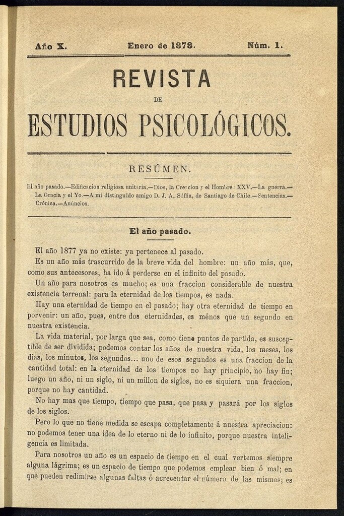 Miniatura de Revista de Estudios Psicológicos de enero de 1878, nº 1