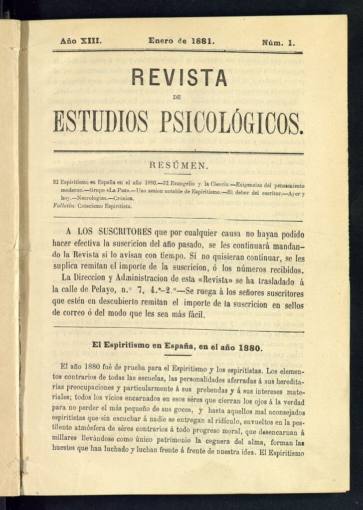 Miniatura de Revista de Estudios Psicológicos de enero de 1881, nº 1