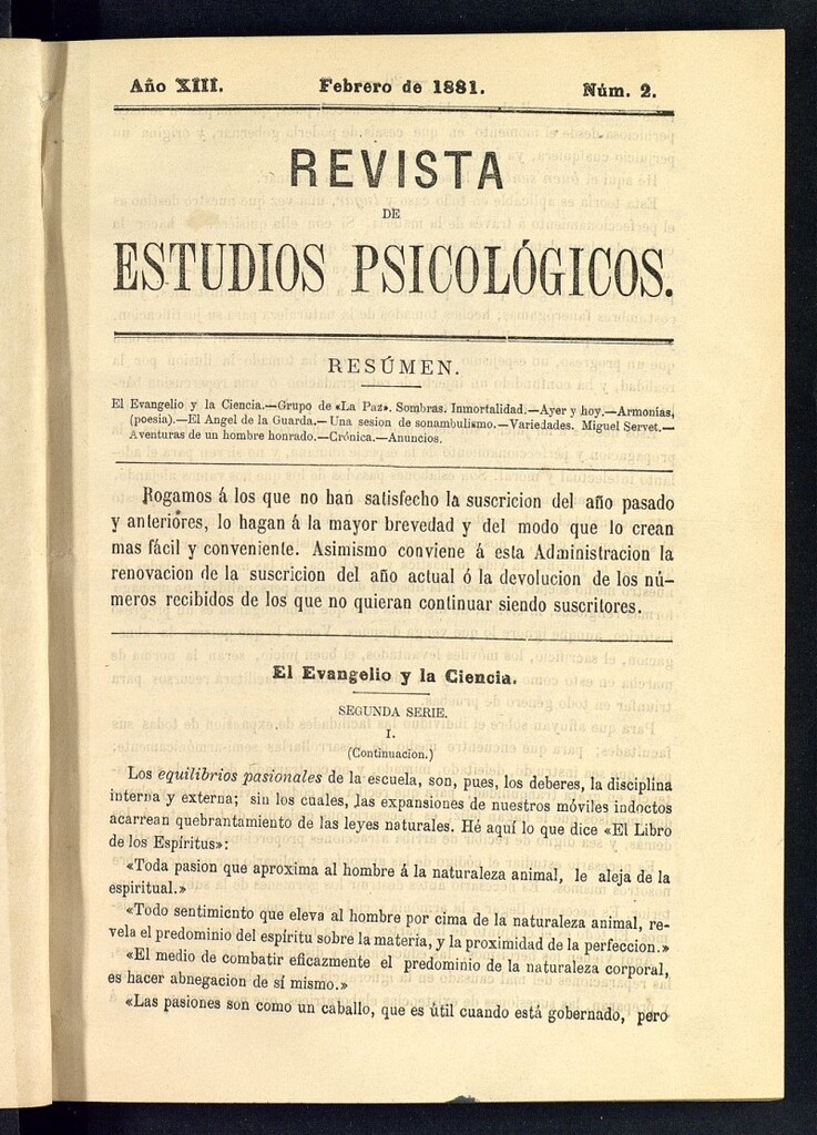 Miniatura de Revista de Estudios Psicológicos de febrero de 1881, nº 2