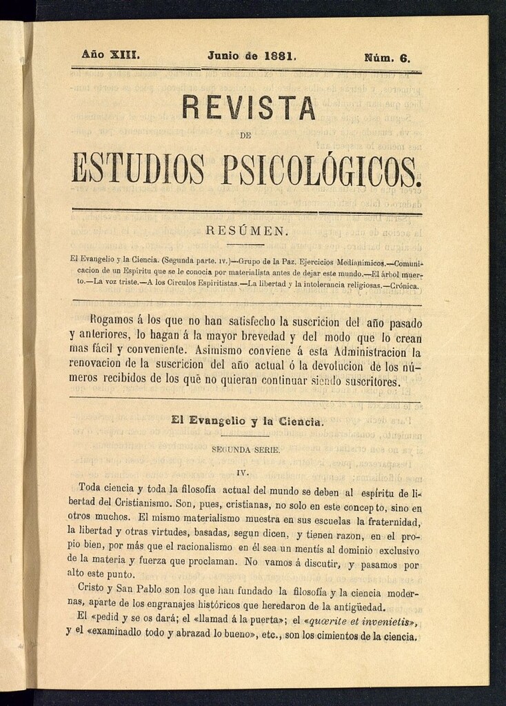 Miniatura de Revista de Estudios Psicológicos de junio de 1881, nº 6
