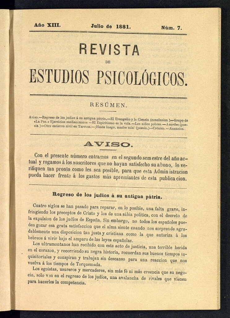 Miniatura de Revista de Estudios Psicológicos de julio de 1881, nº 7