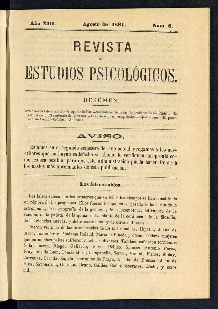Miniatura de Revista de Estudios Psicológicos de agosto de 1881, nº 8