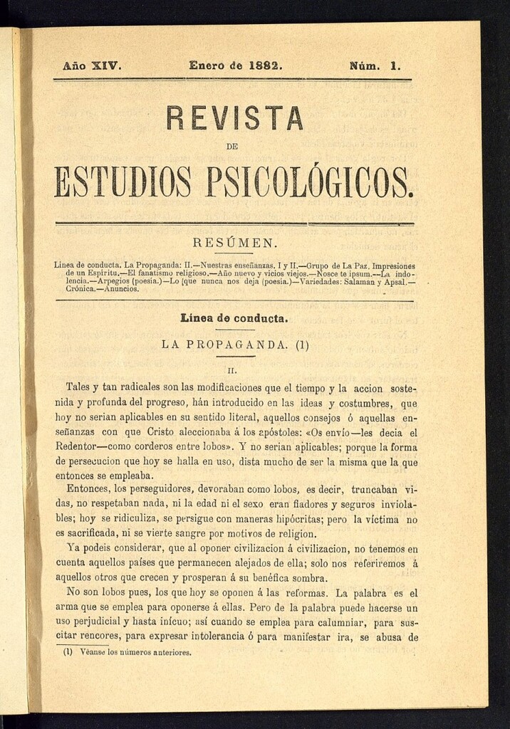 Miniatura de Revista de Estudios Psicológicos de enero de 1882, nº 1