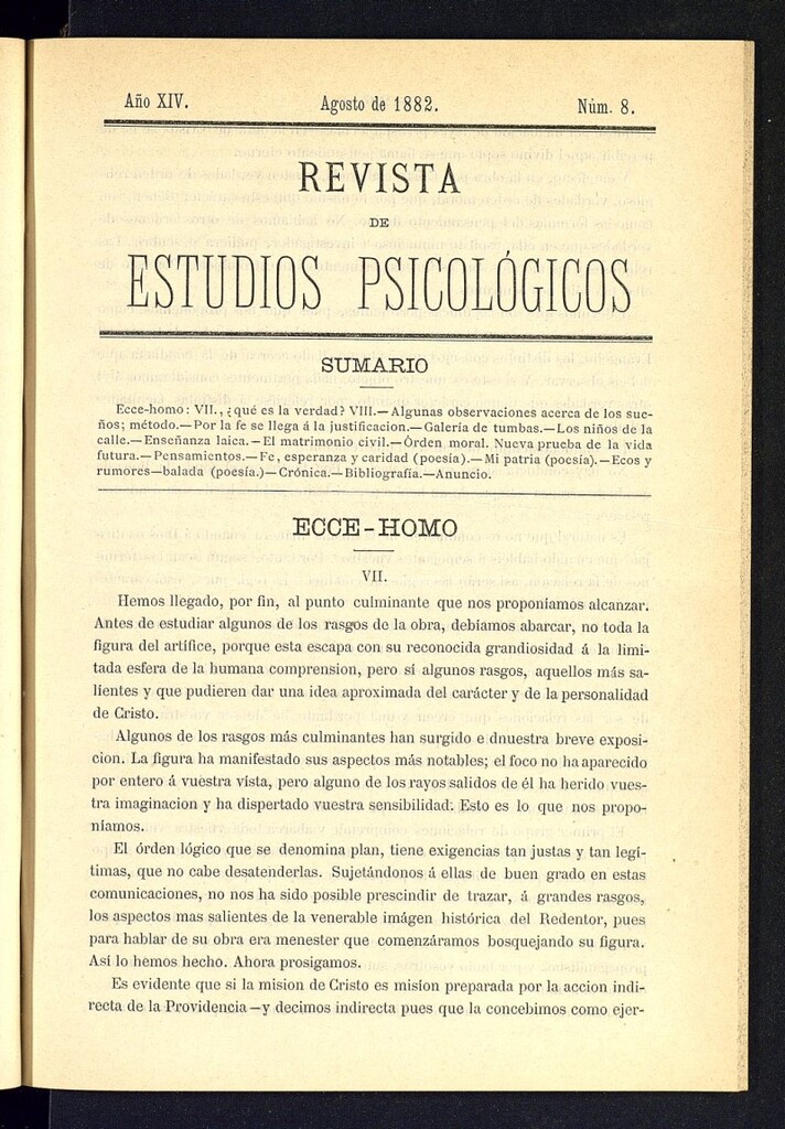 Miniatura de Revista de Estudios Psicológicos de agosto de 1882, nº 8