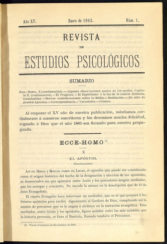 Miniatura de Revista de Estudios Psicológicos de enero de 1883, nº 1