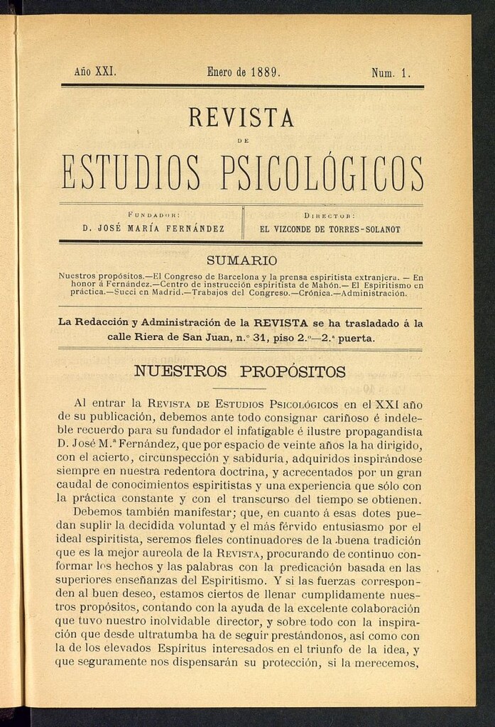 Miniatura de Revista de Estudios Psicológicos de enero de 1889, nº 1
