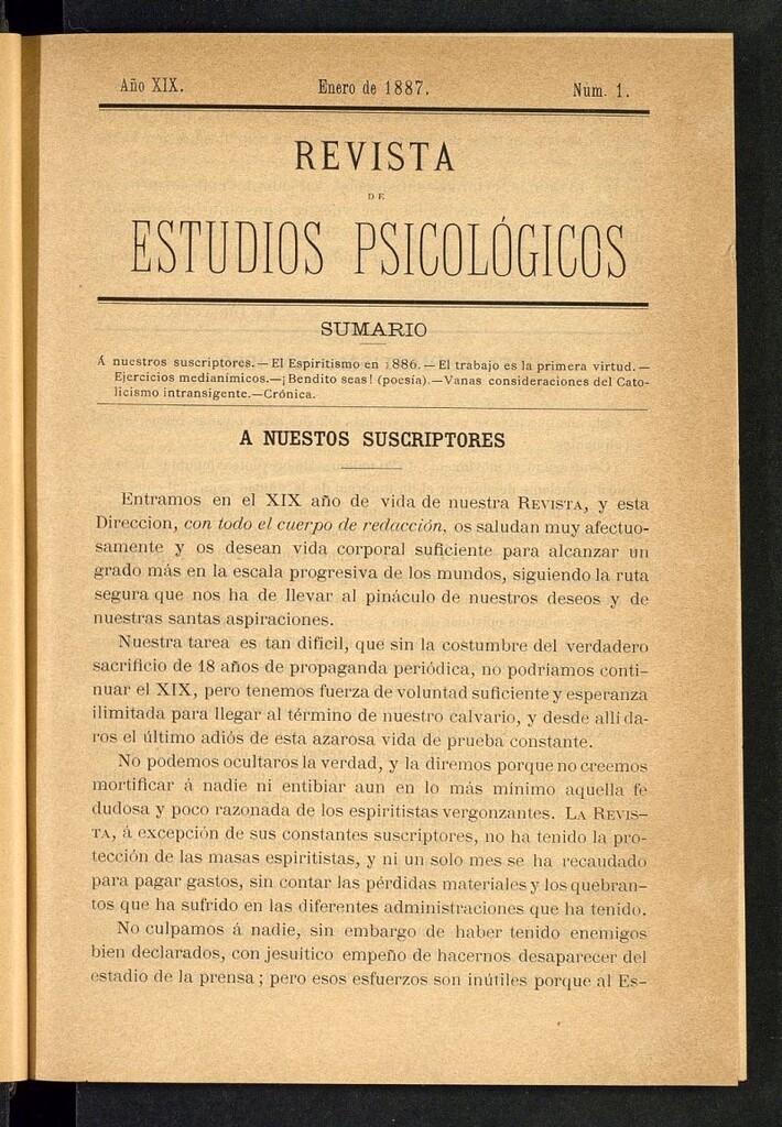 Miniatura de Revista de Estudios Psicológicos de enero de 1887, nº 1