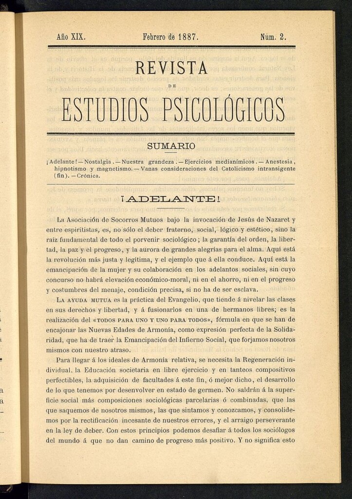 Miniatura de Revista de Estudios Psicológicos de febrero de 1887, nº 2